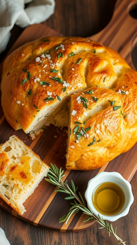 Golden-brown focaccia bread with herbs and sea salt on a wooden board, accompanied by olive oil.